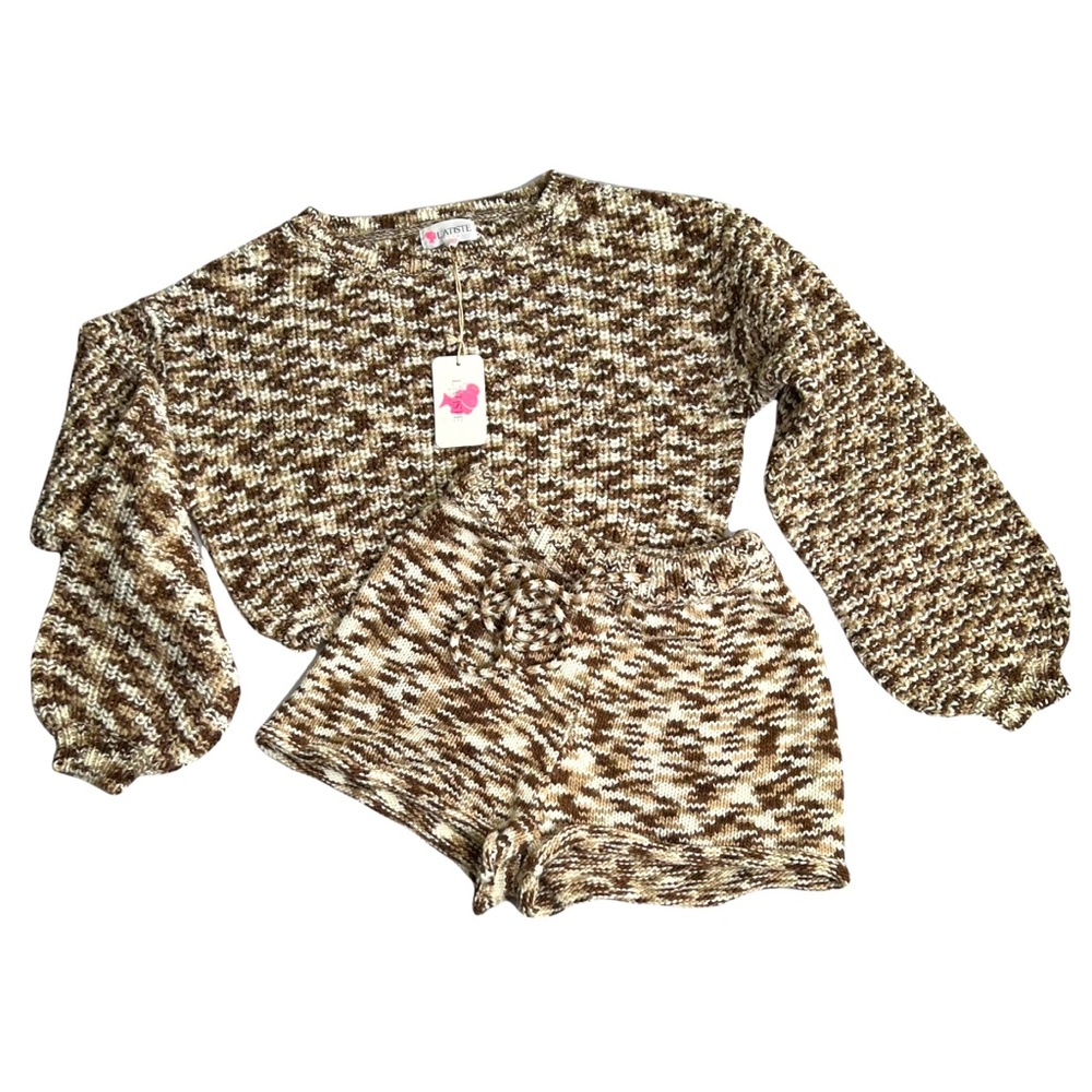 L'atiste Brown, Tan, Ivory Chunky Knit Sweater And Shorts, Size Small NWT